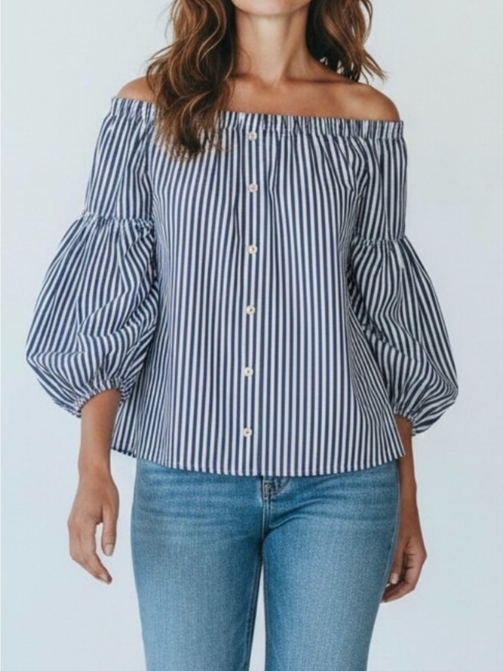 Michael Kors Navy & White Striped Off-Shoulder Puff Sleeve Button Blouse Sz Lg